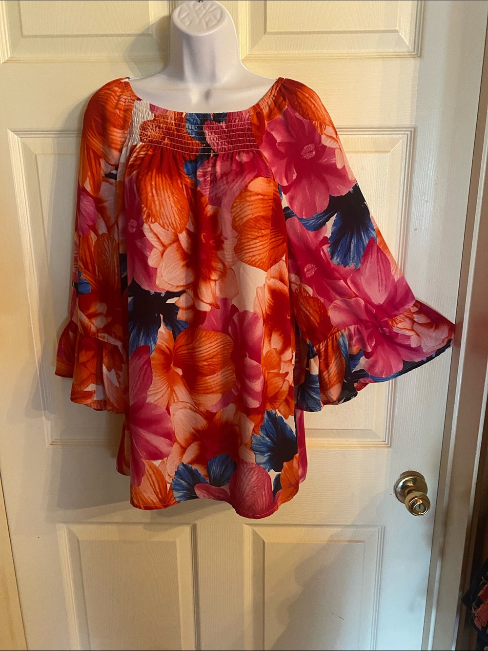 Tacera Pink & Orange Floral Off-Shoulder Bell Sleeve Tunic
